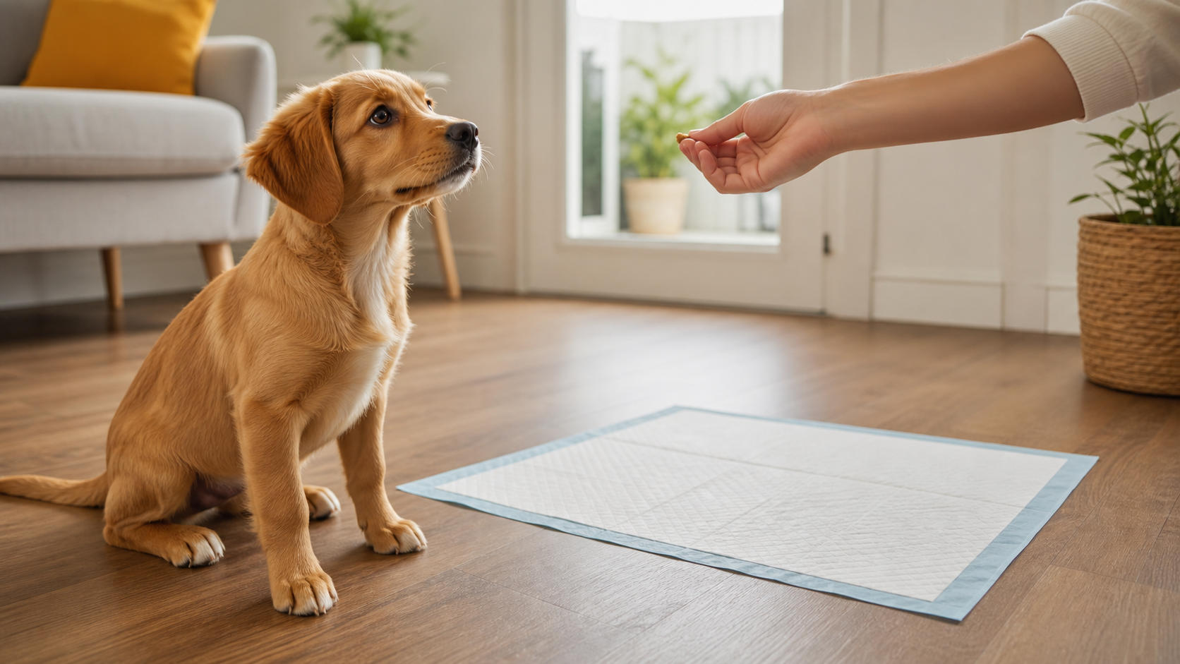 Cão em treinamento dentro de casa para fazer necessidades no local correto